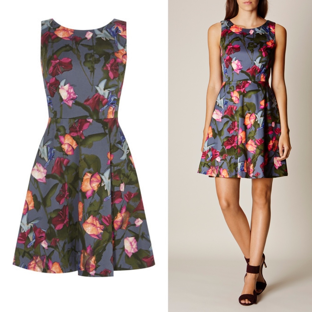 Karen Millen Grey Floral Fit-and-Flare Mini Dress